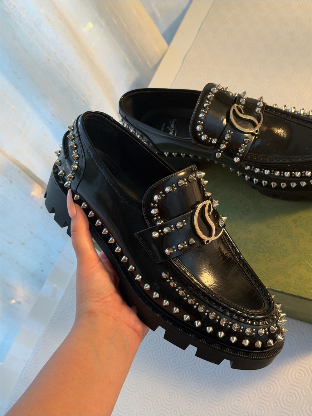 Christian Louboutin Black Studded Patent Loafers with Buckle